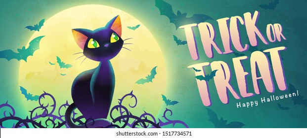 Happy Halloween banner with cute cartoon black cat  and bat on full moon background. Greeting card. Watercolor vector illustration