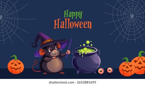 Happy Halloween banner with cute Halloween decorations and greeting