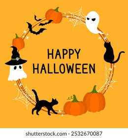 Feliz Anuncio de Halloween con Elementos lindos en el marco de la línea circular, fantasmas, calabazas, gatos negros, murciélagos y Web de araña sobre fondo naranja.