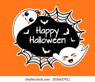 Happy Halloween Banner with Cute Funny Ghosts and Bats, Vector Illustration