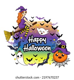 Happy Halloween Banner with Cute Funny Ghosts, Bats, Pumpkin and witch. Vector Illustration