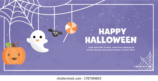 Happy Halloween banner with cute ghost in water color.