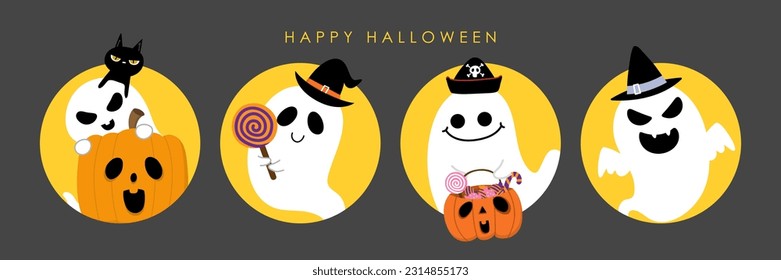 Happy halloween banner with cute ghost in fancy hat and decorated pumpkin. Holidays cartoon character. -Vector