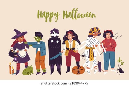 Happy Halloween banner with cute kids disguised in carnival, holiday party costumes. Helloween background with funny creepy children characters, vampire, witch. Colored flat vector illustration