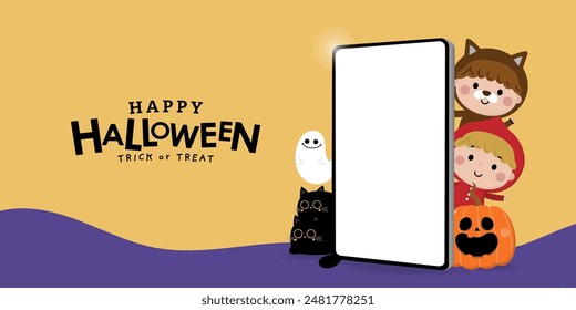 Happy halloween banner with cute kids in red riding hood and wolf costume, spooky pumpkin and black cat. Holidays cartoon character. -Vector