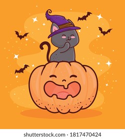 happy halloween banner with cute pumpkin and cat vector illustration design