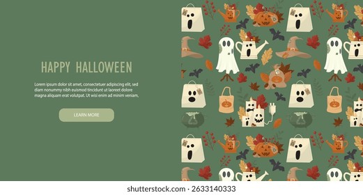 Happy Halloween banner with cute repeating pattern featuring ghosts pumpkins and autumn elements. Green design layout perfect for seasonal greeting cards and sophisticated holiday. Vector illustration