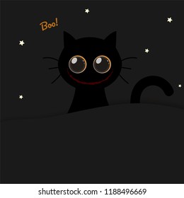 Happy Halloween banner, Cute round eyes with scary smile black cat hiding in black shadow.