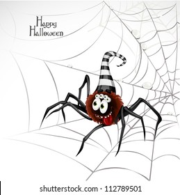 Happy Halloween banner with cute spider on the web