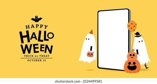 Happy halloween banner with cute spooky pumpkin and fancy ghost. Holidays cartoon character. -Vector