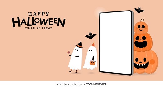 Happy halloween banner with cute spooky pumpkin and fancy ghost. Holidays cartoon character. -Vector