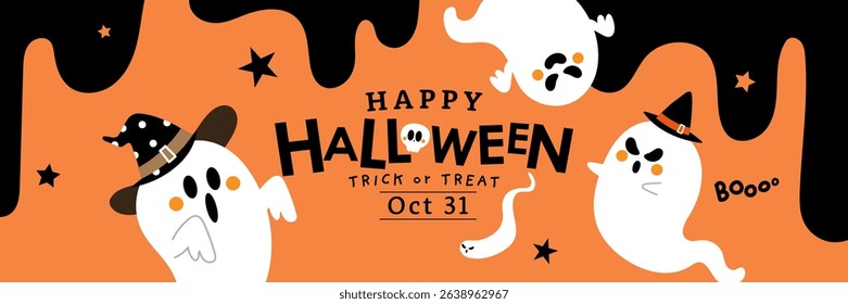 Happy halloween banner with cute spooky ghost wear witch hat on orange background. Holidays cartoon character. -Vector 