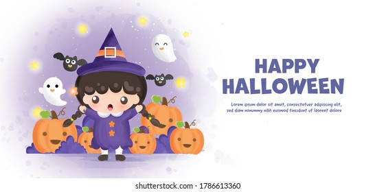Happy Halloween banner with cute witch and pumpkins in water color style.