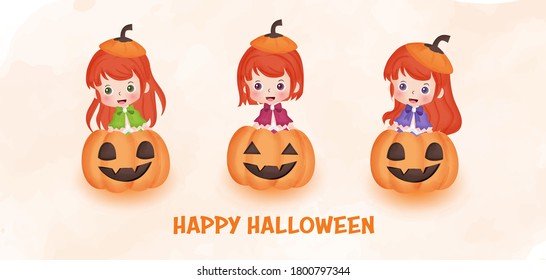 Happy Halloween banner with cute  witch and pumpkins