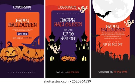 Happy halloween banner with dark background Vector illustration spiders web and flying bats pack of halloween  ocial media story pack templates 