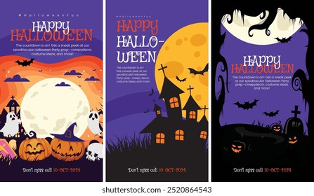 Happy Halloween Banner mit dunklem Hintergrund Vektorgrafik Spinnen Web und fliegende Fledermäuse Pack von Halloween Social Media Story Pack Vorlagen 