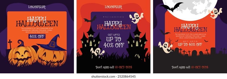 Happy halloween banner with dark background Vector illustration spiders web and flying bats pack of three halloween templates for social media post