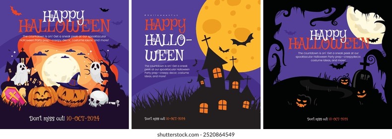 Feliz Anuncio de halloween con fondo oscuro Ilustración vectorial arañas Web y murciélagos voladores paquete de tres Plantillas de halloween para publicación en redes sociales