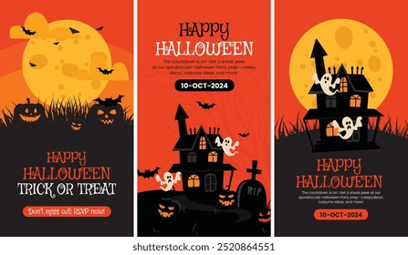 Happy halloween banner with dark background Vector illustration spiders web and flying bats pack of halloween  ocial media story pack templates 