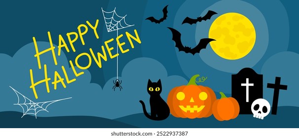 Feliz banner de Halloween em fundo azul escuro da noite, design de letras, decorar com teia de aranha, lua cheia, morcegos, abóboras, gato preto, sepultura e crânio.