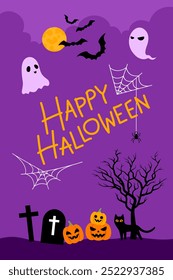 Feliz banner de Halloween decorar com teia de aranha e elementos bonitos, abóboras, gato preto, árvore morta, túmulo, fantasmas, morcegos e lua cheia no fundo roxo