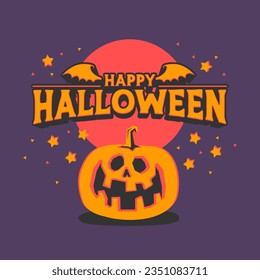 Happy halloween banner design with carved pumpkin. Retro modern style illustration. Funny vintage Jack o Lantern.