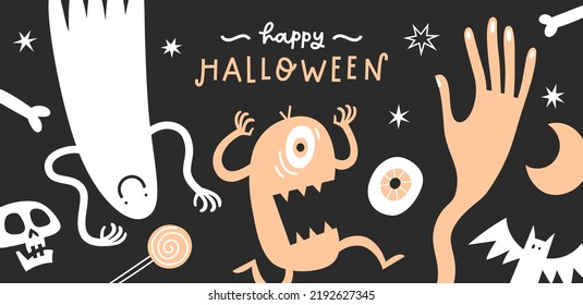 Happy Halloween banner design with cute characters. Vector illustration