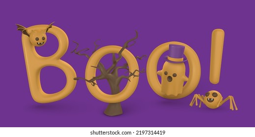 Happy Halloween banner design. Cute cartoon 3d Halloween elements. Vector illustration.