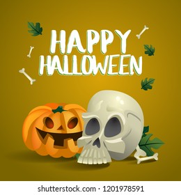 Happy Halloween banner design with funny pumpkin and skull on sandy background. Realistic lettering can be used for invitations, signs, announcements