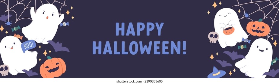 Happy Halloween banner design. Helloween night party background with cute ghost characters, jack pumpkins, web, bats for spooky creepy funny October holiday. Childish colored flat vector