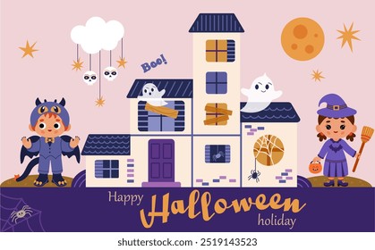 Happy Halloween banner design. Helloween party background with cute house with ghost characters, kids in party costumes, spider web, skulls for creepy funny autumn holiday. Children color flat vector.