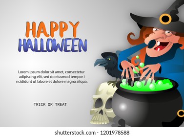 Happy Halloween banner design with ominous witch wearing hat boiling green potion in caldron on gray background. Realistic lettering can be used for invitations, signs, announcements