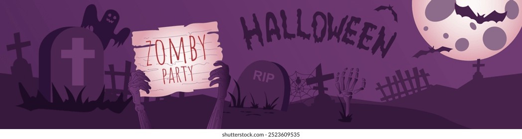 Happy Halloween banner design. Party invitation purple template with night cemetery, tombstones and crosses, mystery moon, spooky ghosts, flying bats, zombies hands with board. Vector illustration.