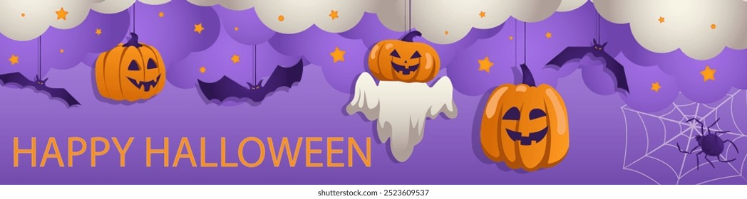 Happy Halloween banner design. Party invitation template with spooky pumpkins with evil smiles, creepy ghost and flying bats hanging in clouds with stars, black spider on web. Vector illustration.