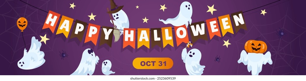 Happy Halloween banner design. Party invitation purple template with spiders, spooky ghosts in pumpkin or witch hat flying by garland, scaring and fearing, hold candy or balon. Vector illustration.