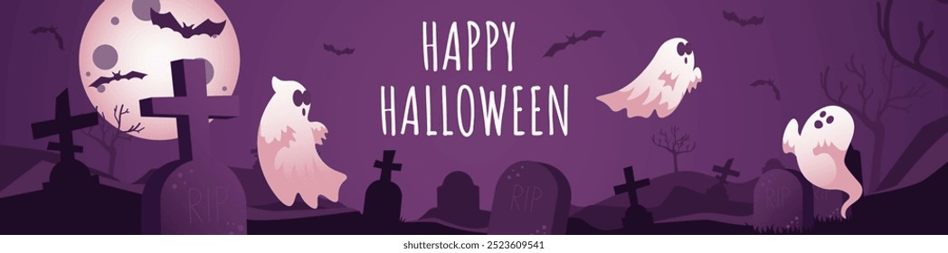 Feliz design de banner de Halloween. Convite da festa modelo roxo com cemitério noturno, lápides e cruzes, fantasmas e morcegos fantasmas e morcegos, lua de mistério enorme e árvores pretas. Ilustração vetorial.