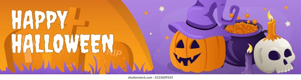 Happy Halloween banner design. Party invitation template with creepy cemetery tombstones, spooky pumpkin in witch hat, scary skull with candle, poisonous potion in cauldron. Vector illustration.