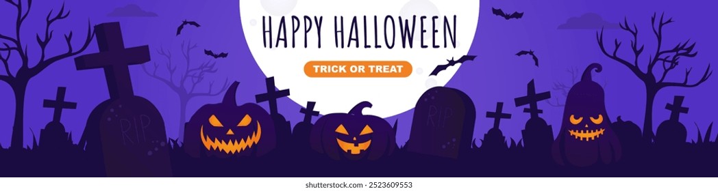 Happy Halloween banner design. Party invitation template with spooky pumpkins with glowing evil smile, huge mystery moon at night, flying bats, cemetery tombstones silhouette. Vector illustration.