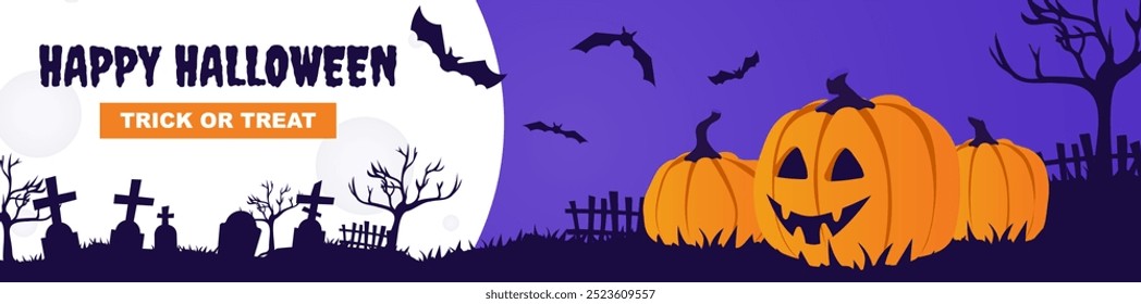 Feliz design de banner de Halloween. Modelo de convite de festa com abóboras assustadoras com sorriso malvado, lua misteriosa enorme à noite, morcegos voadores assustador, árvores pretas e silhueta cemitério. Ilustração vetorial.