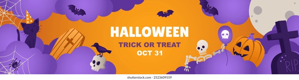 Happy Halloween banner design. Party invitation template with purple clouds, moon, pumpkin, skeleton, raven on skull, black cat, spiders on web, bats, tombstone cross, coffin. Vector illustration.