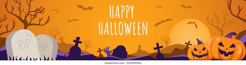 Happy Halloween banner design. Party invitation orange template with cemetery, tombstones and crosses, flying spooky bats, creepy pumpkins, huge moon, zombie, tree branches. Vector illustration.