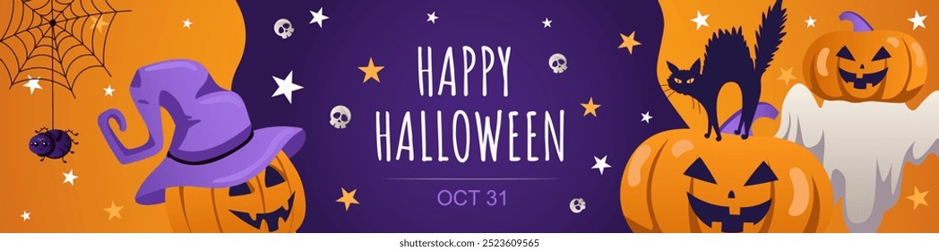 Happy Halloween banner design. Party invitation template with creepy pumpkins with evil smiles and wearing witch hat, black cat, spooky ghost, spider on web, skulls and stars. Vector illustration.