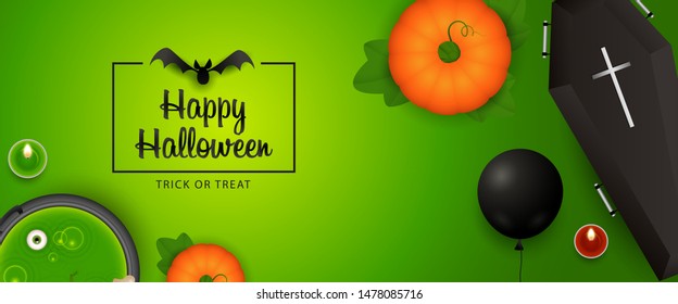 Happy Halloween banner design with pumpkin, coffin, bat, potion and black balloon on green background. Lettering can be used for invitations, posters, postcards