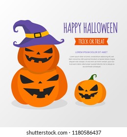 Happy Halloween banner design template. Pumpkin wearing witch hat on white background. Halloween greeting card design. Vector illustration