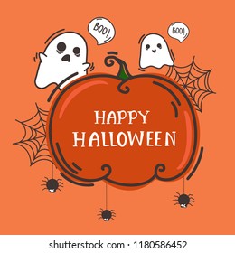 Happy Halloween banner design template. Cute cartoon spooky and Pumpkin speech bubble on orange background. Halloween greeting card design. Vector illustration