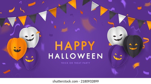 Happy Halloween banner design template with paper balloon pumpkins, emojis, wichiringa flags and coffetti. Illustration for holiday purple background