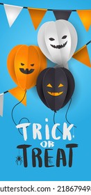Happy Halloween banner design template with paper balloon pumpkins, emojis, wichiringa flags and coffetti. Illustration for the holiday
