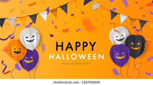 Happy Halloween banner design template with paper balloon pumpkins, emojis, wichiringa flags and coffetti. Illustration for holiday purple background