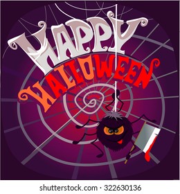 Happy halloween banner design template with cartoon spider at his spider web. Vector illustration