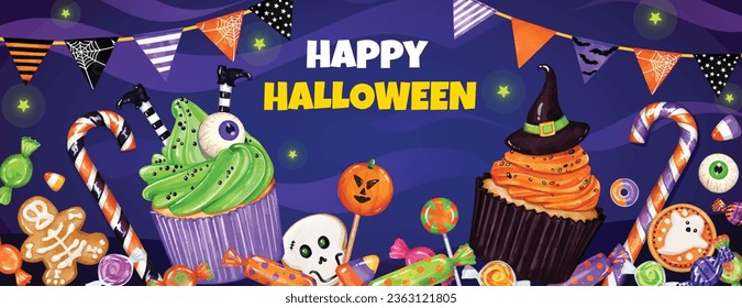 Happy Halloween banner design with trick or treat sweets and candy, holiday celebration background. party social media post  